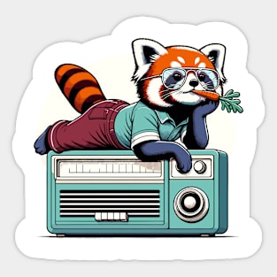 70s red panda eating carrot while sitting on vintage radio Sticker